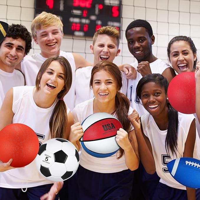 Deekin 8 Pcs Sports Balls Set for Kids Adult Assorted Football Basketball Soccer Playground Balls Official Size with Bags Pumps Outdoor Sports Equipment Athletic Gift Back to School