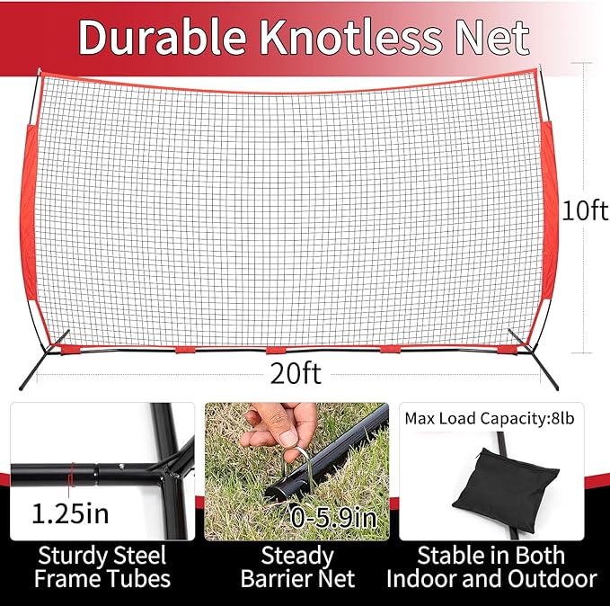 7x7/16x10/20x10ft Ball Backstop Net,Fix Ball Stop Net by 4 Spike&2 Sandbag,Sports Net Barrier with Handbag,Lacrosse Net Backstop for Softball,Basketball,Hockey Train,Baseball Net Barrier for Backyard