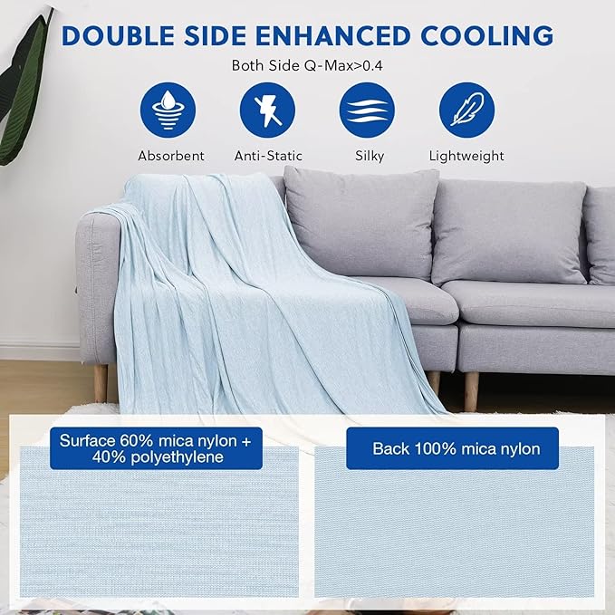 HOMFINE Cooling Blankets for Hot Sleepers - Summer Blanket Thin Lightweight Breathable Soft Double Side Enhanced Cooling Blanket for Bed Sofa, Keep Cool for Night Sweats (Light Blue, 60 x 80 inches)