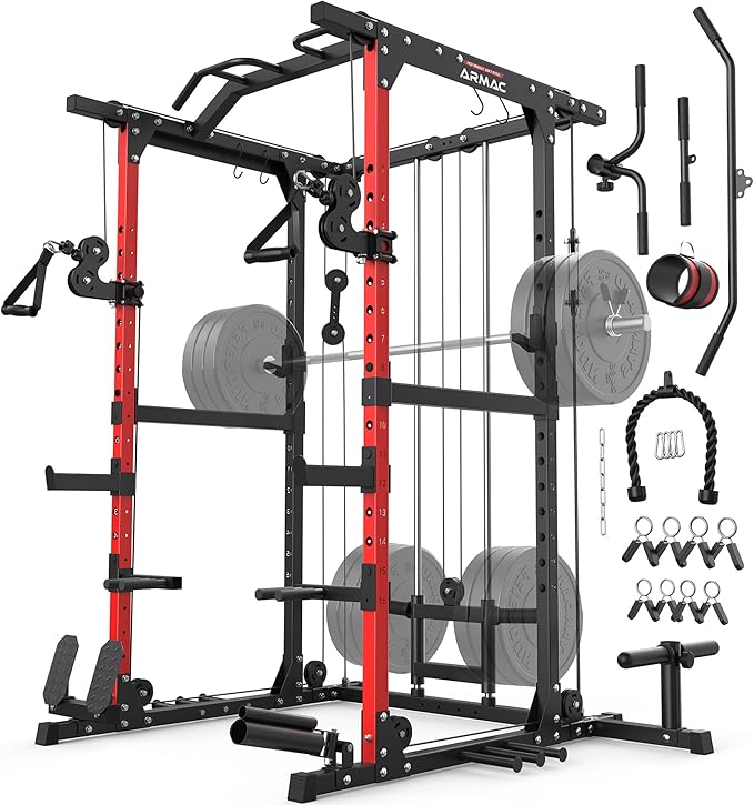ARMAC Power Cage,1500lbs Multi-Function Power Rack with Adjustable Cable Crossover System and More Training Attachment, Weight Cage for Home Gym