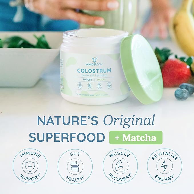 Colostrum Supplement Powder for Gut Health, Immune Support, Muscle Recovery & Wellness | Natural IgG Pure Whole Bovine Colostrum Superfood, Matcha, 60 Servings
