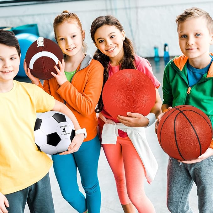 Deekin 4 Pcs Sport Balls Set for Kids Teens, Include Official Size 5 Basketball 4 Soccer 6 Football Playground Ball and Pump Sports Equipment Bag Recess Equipment Sport for Students(Normal Color)