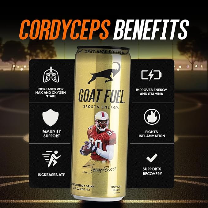 G.O.A.T. Fuel Energy Drink, Co-Founded by Jerry Rice, Natural Caffeine, Electrolytes, BCAAs, Cordyceps Mushrooms & Antioxidants, Light Carbonation Pre Workout, 12 Pack, 12 FL Oz, Tropical Berry