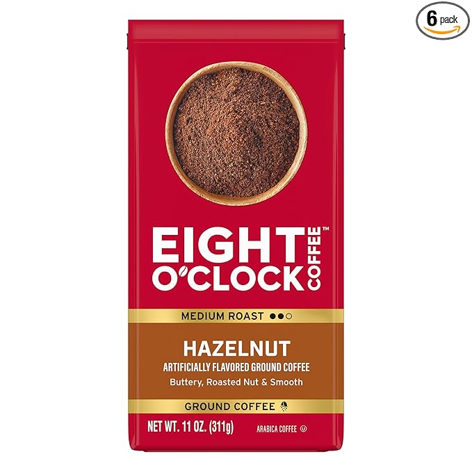 Eight O'Clock Coffee Hazelnut Ground Coffee, Medium Roast, 11 Ounce (Pack of 6) - Buttery, Smooth & Nutty