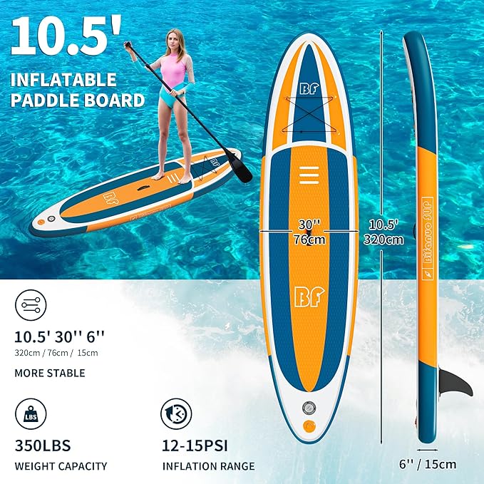 Inflatable Stand Up Paddle Board with SUP Accessories & Backpack. Paddle Boards for Adults. Non-Slip Deck, Wide Stance, Bottom Fin, Double Action Pump.