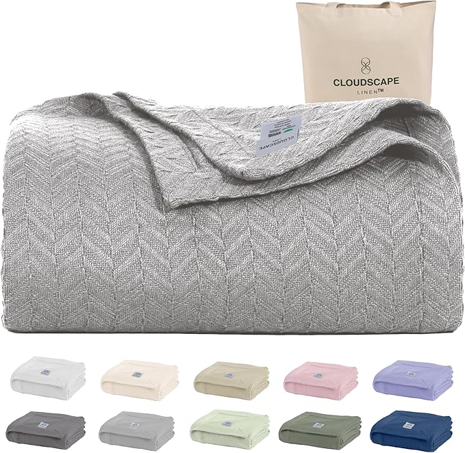 Cloud Scape Linen 100% Cotton Queen Size Blanket, Herringbone Pattern, Lightweight Summer Blanket,Best Gifts for Women, fits Full Size Bed, 92 x 92, Light Grey
