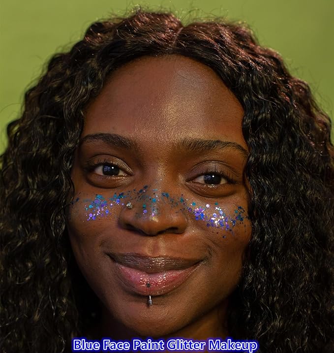 Go Ho Blue Face Body Glitter,Halloween Blue Face Paint Sparkling Mermaid Glitter Gel,Holographic Chunky Sequins Glitters for Eye Lip Hair Nails,Festival Rave Accessories