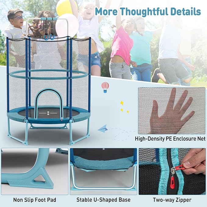 GYMAX 5FT Trampoline for Kids, ASTM Approved with Safety Net & Kitten Trapeze Rings, Indoor/Outdoor