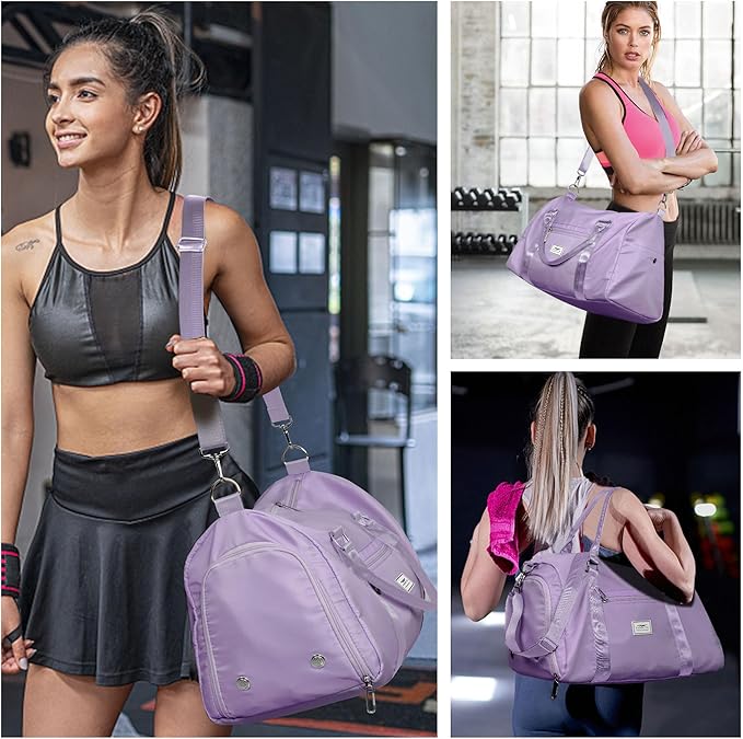 FIORETTO Womens Gym Tote Duffle Bag with Wet Pocket & Shoe Compartment, Sports Duffel Overnight Weekender Hospital Workout Carry on Bag for Girls, Ideal for Travel, Swimming, Dance, Ballet Purple