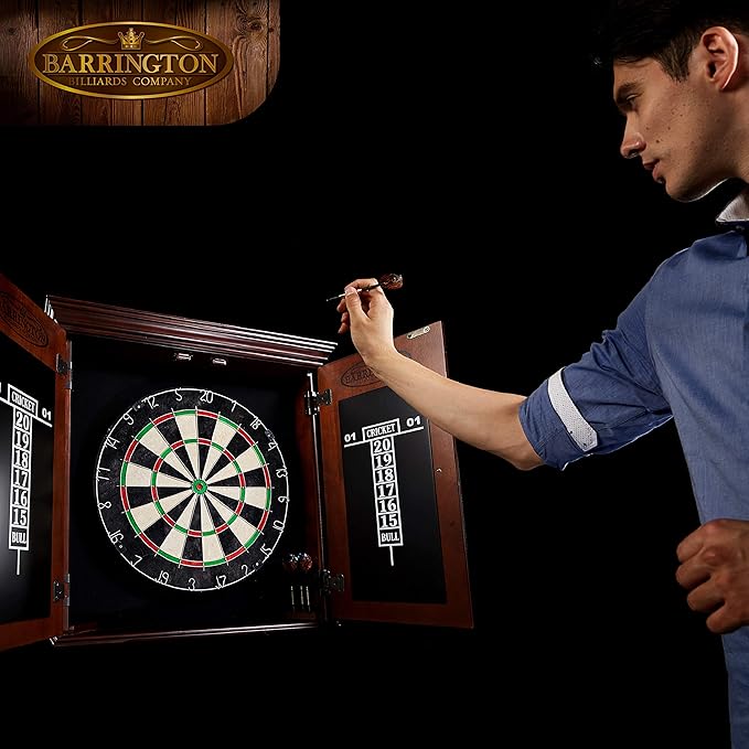 Barrington Dartboard Multiple Styles Pre-Assembled Wood Dartboard Cabinet Collection with 18” Bristle Dartboard & Steel Tip Dart Set, Perfect for Cricket Games