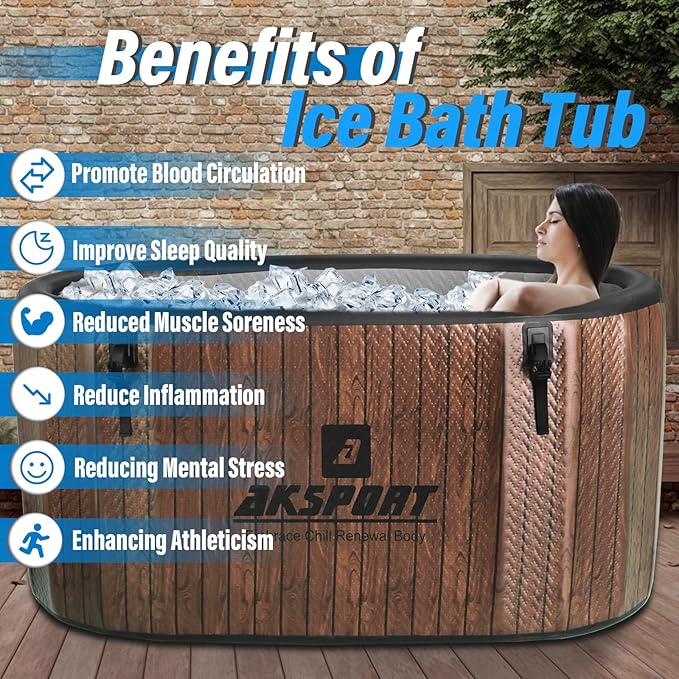 AKSPORT Ice Bath Tub for Athletes, 238 Gallons Inflatable Cold Plunge Tub Compatible with Water Chillers,Icebath for Recovery & Cold Water Therapy, Portable Bathtub for Indoor & Outdoor-Wood