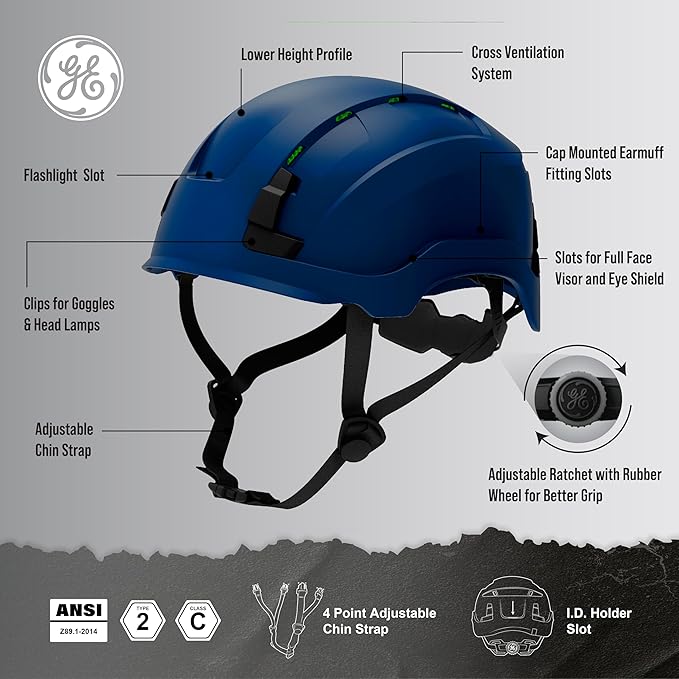 GE Safety Helmet: ANSI Type 2 Class G & E, Advanced Impact Technology, Ultra Comfortable Memory Foam, Heat Stress Reduction, Compatible with Accessories, Adjustable Size OSHA Approved