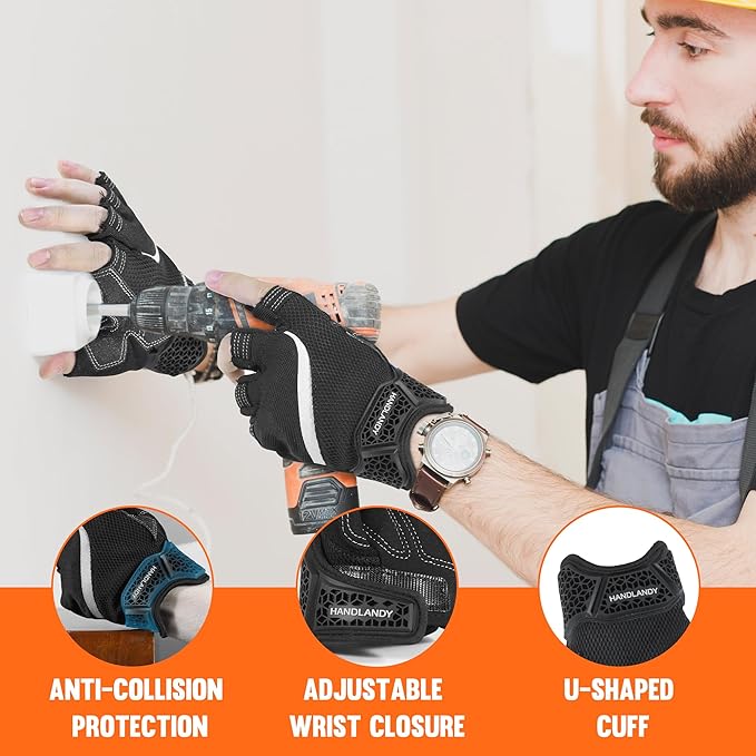 HANDLANDY Fingerless Work Gloves for Men, Half Finger Working Glove Grip Shock-Absorbing Breathable Uwrist TPR Anti-collision Gloves for Mens & Women (Black, L)