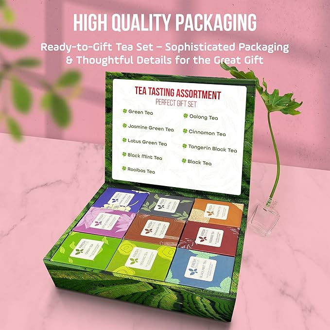 FreshDrinkUS, Premium 90 Tea Bags Sampler Assortment, 9 Different Flavors, 100% Natural Ingredients, Perfect and Well Combination Tea Gift for Tea Lovers, Friends and Family. No Additives, No Gluten, No Sugar, Vegan
