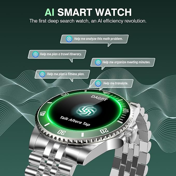 AI Smart Watch, DA GPT AI Waterproof Smartwatch, 1.19-inch AMOLED Display, 24/7 Heart Rate, Blood Oxygen, Blood Pressure, Sleep Monitor, 107 Sports Modes, Compatible Android and iOS Silver Green