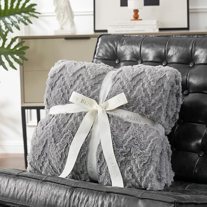 Cozy Bliss Faux Fur Throw Blanket for Couch - Soft Fuzzy Cozy Throw Gift Blankets for Women,Grey Boho Blanket for Sofa Bedroom Living Room.50 * 60 Inches