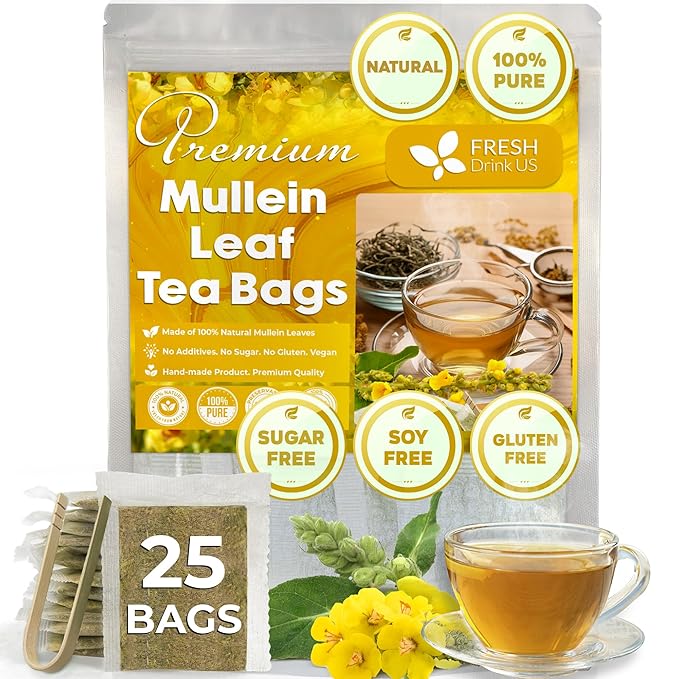 FreshDrinkUS, Premium 25 Mullein Leaf Tea For Lungs, Lung Detox Tea, Great Tea For Lung, Handmade, 100% Natural & Pure, Mullein Tea, Lung Detox For Smokers, No Sugar, No Caffeine, No Gluten, Vegan