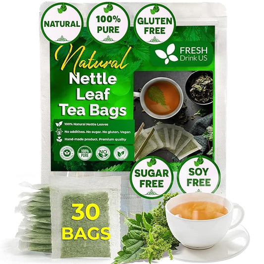 FreshDrinkUS, 30 Nettle Leaf Tea Bags, 100% Natural & Pure from Nettle Leaves. Loose Leaf Nettle Herbal Tea. Nettle Leaf Tea. No Sugar, No Caffeine, No Gluten, Vegan.