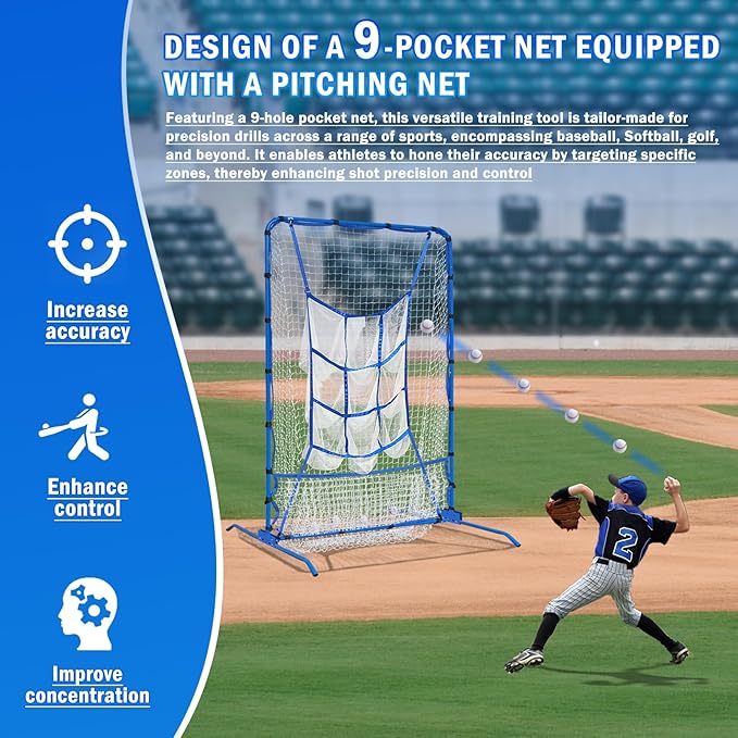 6FT Baseball Pitching net, 9-Pocket Pitcher Net with Strike Zone, Adjustable Height Target Throwing Trainer, Baseball Softball Practice Net with Carry Bag for Beginners/Professionals Outdoor Indoor