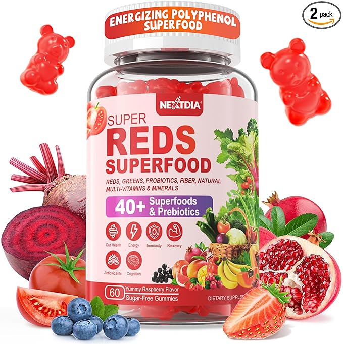 Fruit and Veggie Supplement, Super Greens & Reds Gummies w/40+ Superfoods, Multivitamin, Polyphenol, Spirulina Chlorella, Beet Root Powder Alternative, Support Energy Antioxidants & Gut Health, 120Cts