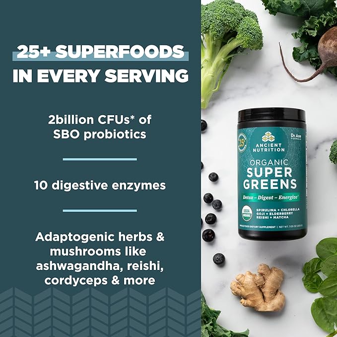 Ancient Nutrition Super Greens Powder, Organic Superfood Powder with Probiotics Made with Spirulina, Chlorella, Matcha, and Digestive Enzymes, 25 Servings, 7.05oz