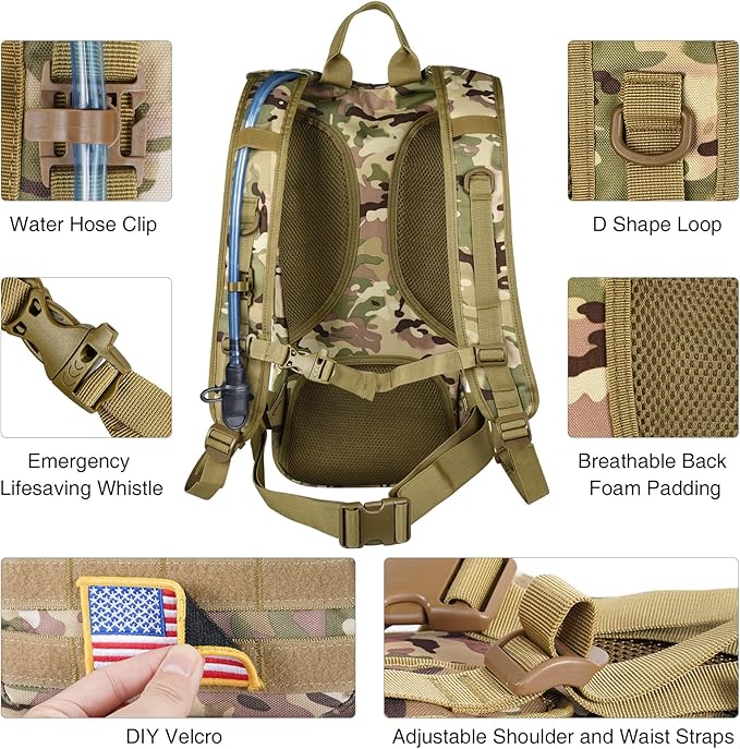 GENILU Tactical Hydration Backpack with 3L Water Bladder, Lightweight Molle Water Backpack Daypack for Men Women