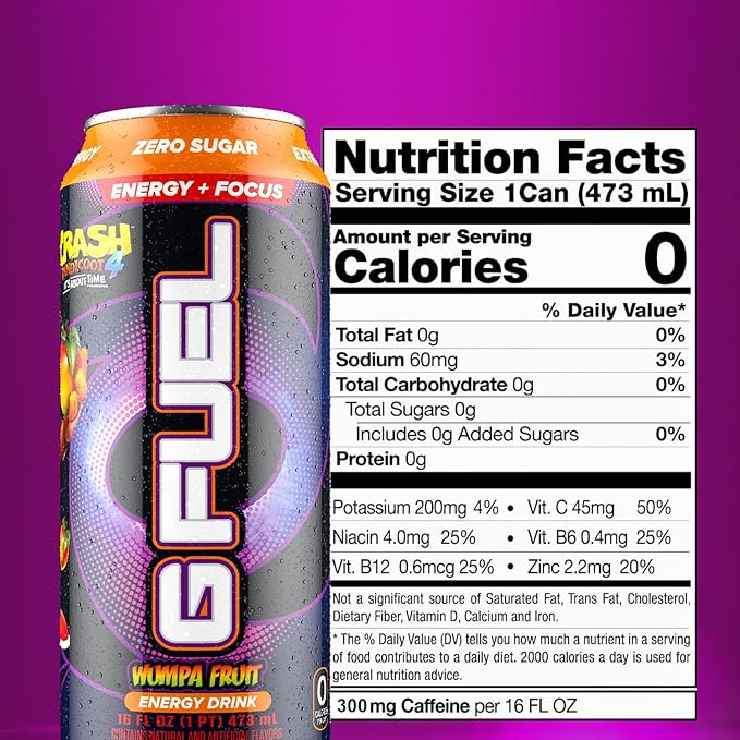 G Fuel Energy Drink, Apple Mango, Sugar Free Beverage with 300mg Caffeine, Daily Energy Boost with Focus Amino, Vitamin + Antioxidants, 16 oz Cans (Crash Bandicoot, 12-Pack)