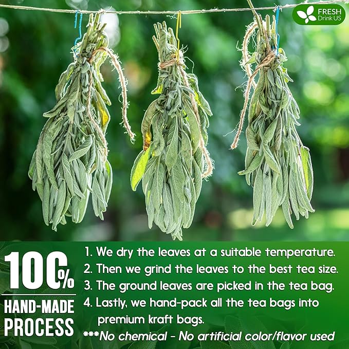 FreshDrinkUS, Premium 35 Sage Leaf Tea Bags, 100% Natural & Pure from Sage Leaves. Loose Leaf Sage Herbal Tea. Made with Natural Material Tea Bags. No Sugar, No Caffeine, No Gluten, Vegan.
