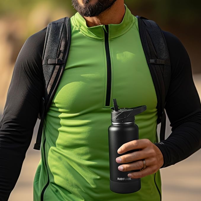 64oz Insulated Water Bottle with Straw, Half Gallon Stainless Steel Vacuum Water Jug, Large Thermal Water Bottle Flask with Leakproof 3 Lids for Travel, Camping, Gym Sports Dark Rainbow