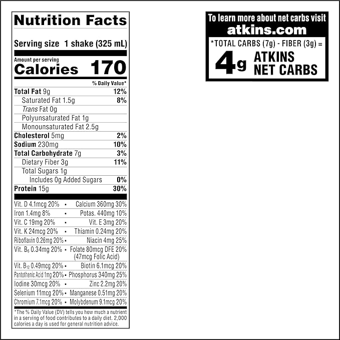 Atkins Iced Coffee Vanilla Latte Protein Shake, 15g Protein, Low Glycemic, 4g Net Carb, 1g Sugar, Keto Friendly, 12 packs of 11 fl Oz