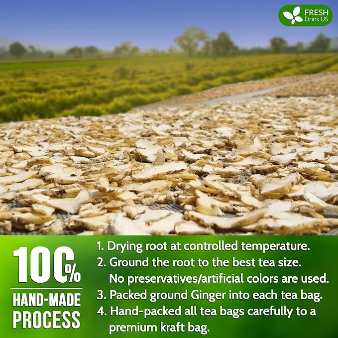 FreshDrinkUS, 150 Premium Ginger Tea Bags, Non GMO, 100% Natural & Pure from Ginger Root, Root Herbal Tea. No Sugar, No Caffeine, No Gluten, Vegan. Support Stronger Digestion, Pleasantly Spicy & Warming