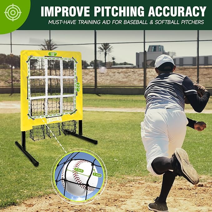 9 Hole Pitching Net, Heavy-Duty Baseball Net with Strike Zone for Pitching and Hitting, Height Adjustable Training Equipment with 9 Pocket Pitching Target for Baseball & Softball Practice