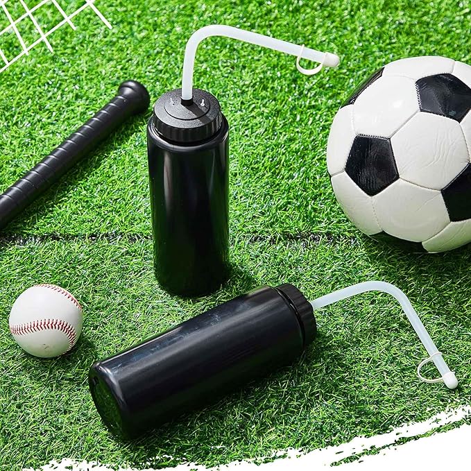 Domensi 2 Pack 1 Liter Sports Water Bottle with Long Straw Hockey Lacrosse 34 Oz Water Bottle Easy Squeeze Plastic Use with Sport Helmet in Football Baseball(Black,No Printed)