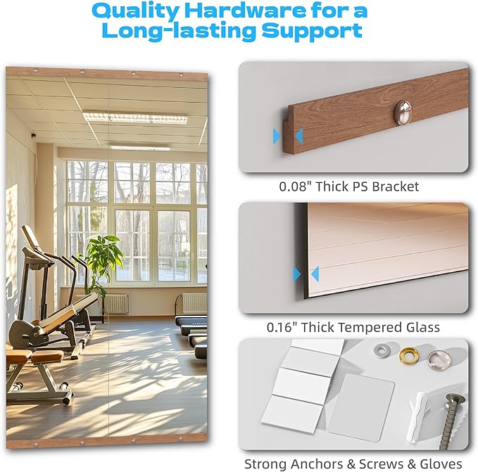 Hasipu 2Pcs 55''x17'' Home Gym Mirror Large Full Length Wall Mounted Full Body Mirror for Yoga Dance Fitness Exercise Studio Bedroom Garage, Frameless Tempered Glass Workout Mirrors Walnut Rectangular