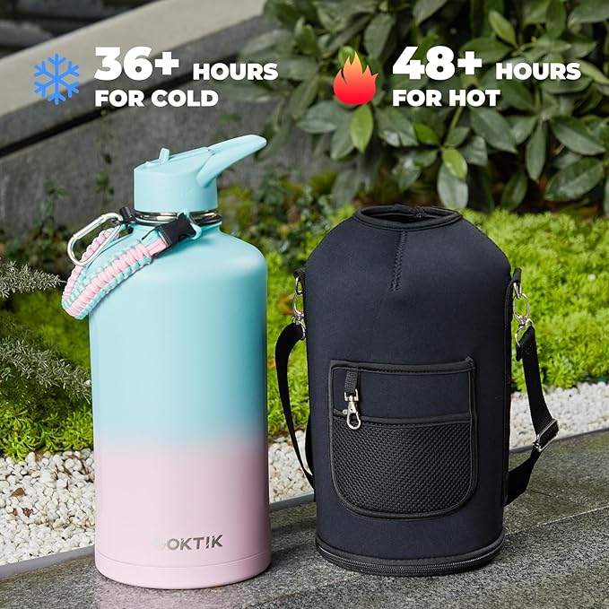 COKTIK 128 oz Insulated Water Bottle, Triple Wall Stainless Steel Flask, Keeps Drinks Cold for 48 Hrs Leak-Proof & BPA-Free Half Gallon Jug with Paracord Handle, Straw & Spout Lids(Bubble Gum)