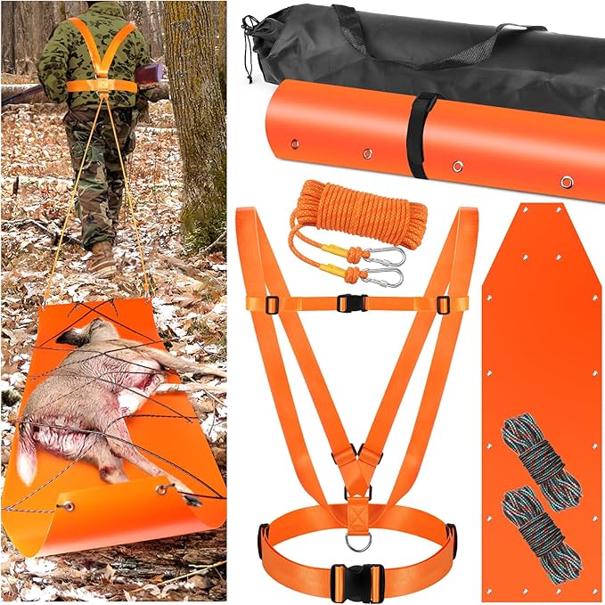 Deer Drag Sleds Set,Deers Drag Harness and Drag Sleds with Heavy Duty Deer Drag Strap Rope Elastic Tying Belt Storage Bag and 2 Tying Ropes Hunting Equipment for Deers Hauling Elk Turkey Game Animals