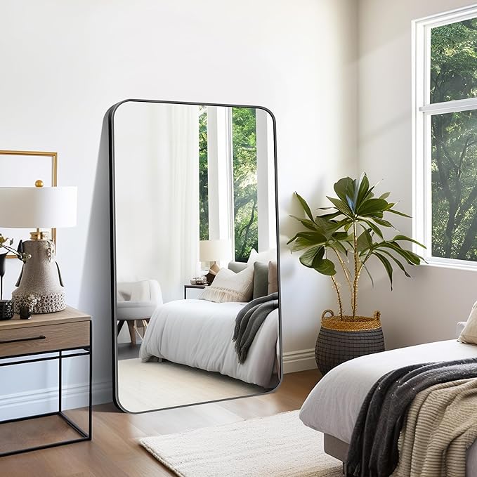 FORBATH Large Bathroom Mirror 60x36 Inches, Black Oversized Wall Mirror for 2 Sinks Aluminum Frame Wall Mounted Rounded Corner Morndern Mirror for Bathroom Bedroom Entryway Living Room