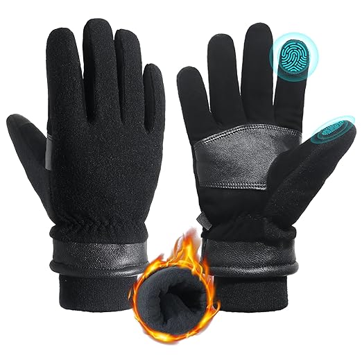 HANDLANDY Winter Gloves for Men Women, Thermal Gloves for Cold Weather Driving Cycling Ski Outdoor, Insulated Leather Work Gloves (XL, Black)