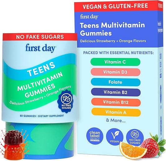 FIRST DAY Vitamins for Teens - Teen Multi Vitamins for Girls & Boys 12-17, Organic Fruit & Veggie Blend - 12 Key Nutrients: Vitamins A, B1, B2, B6, B9, B12, C, D3, E, K2-30 Day Supply