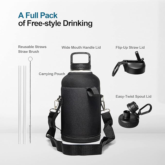 Half Gallon Water Bottle Insulated with Straw&3 Lids, Coolflask 64 oz Water Jug Galaxy Large Metal Stainless Steel flask for Gym, Sports and Office, Keep Cold 48H Hot 24H, Arctic White