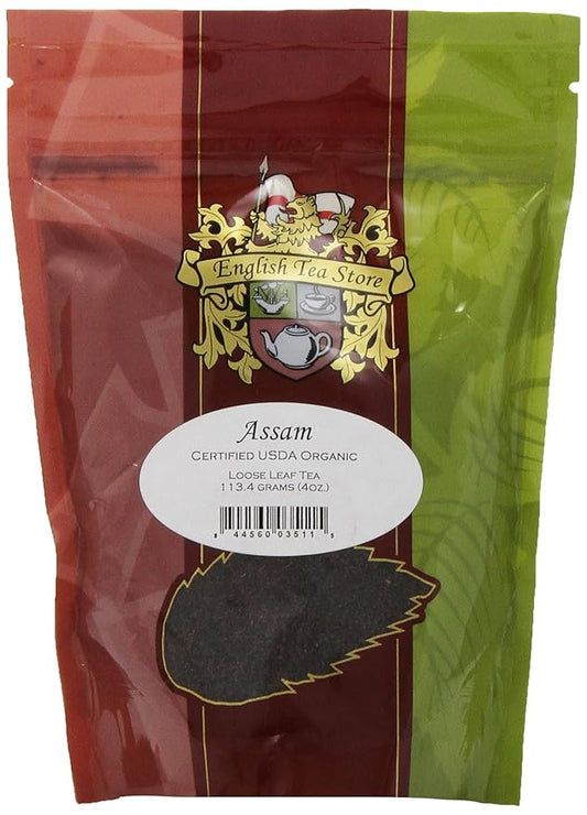English Tea Store Organic Assam Fine Cut Loose Leaf Tea Pouches - 4oz | Brisk Full Bodied Black Tea | USDA Organic Fair Trade Certified | Malty Flavor Tea for Milk or Straight Brewing