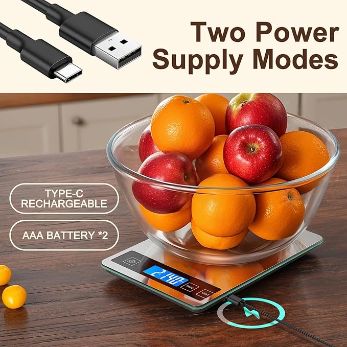 Food Scale, 33lb Digital Kitchen Scale with Stainless Steel & Tempered Glass, USB Rechargeable, 1g / 0.05oz Precise Graduation, Waterproof and Sturdy Surface, for Cooking, Baking, Weight Loss