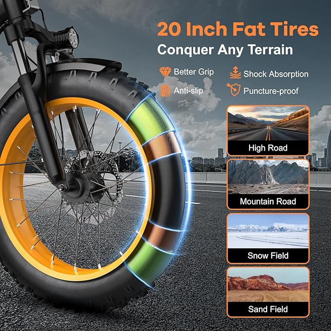 Folding Electric Bike for Adults with Peak 1000W Motor, 48V 20AH Battery up to 30MPH 80 Miles, 20" Fat Tire All Terrain Ebike, Front Suspension 7-Speed Commuter E Bike, Step-Thru, UL Certified
