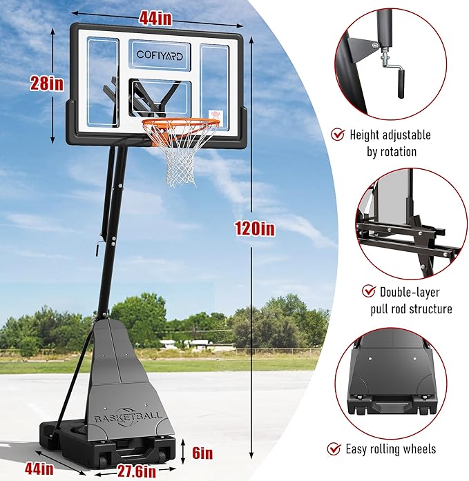 Basketball Hoop Outdoor with 44/54 Inch Shatterproof Backboard, 5.25-10FT Height Portable Basketball Hoop with Sandbag, Adjustable Basketball Goal System