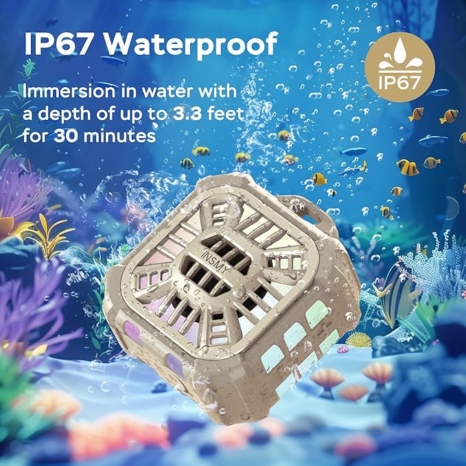 INSMY Shower Bluetooth Speaker, IP67 Waterproof Portable Small Multi Sync 100+ Speakers, Big Volume Booming Bass, 24H Playtime/Floatable/RGB Lights for Outdoor/Kayak/Beach/Golf (Khaki)