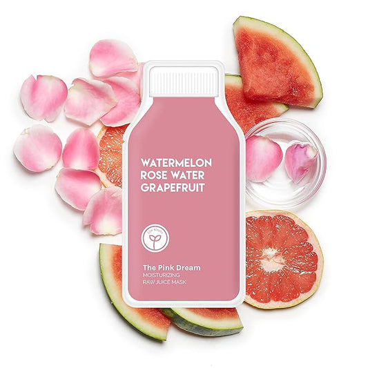 ESW Beauty The Pink Dream - Moisturizing Raw Juice Face Mask (6-Pack) - Hydrating with Watermelon, Rose Water & Grapefruit for Dry, Sensitive Skin - Vitamins C & E for Radiance
