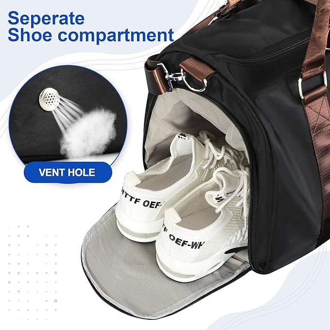 FIORETTO Womens Gym Tote Duffle Bag with Wet Pocket & Shoe Compartment, Sports Duffel Overnight Weekender Hospital Workout Carry on Bag for Girls, Ideal for Travel, Swimming, Dance, Ballet Black