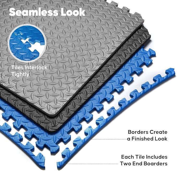 Home Gym Mat, Puzzle Exercise Mat, EVA Interlocking Foam Floor Tiles for Home Workout Equipment and Kids' Play Areas - Blue, 24 in x 24 in x ½ in - 12 Tiles (Blue, 12 Pack 48 sq ft)