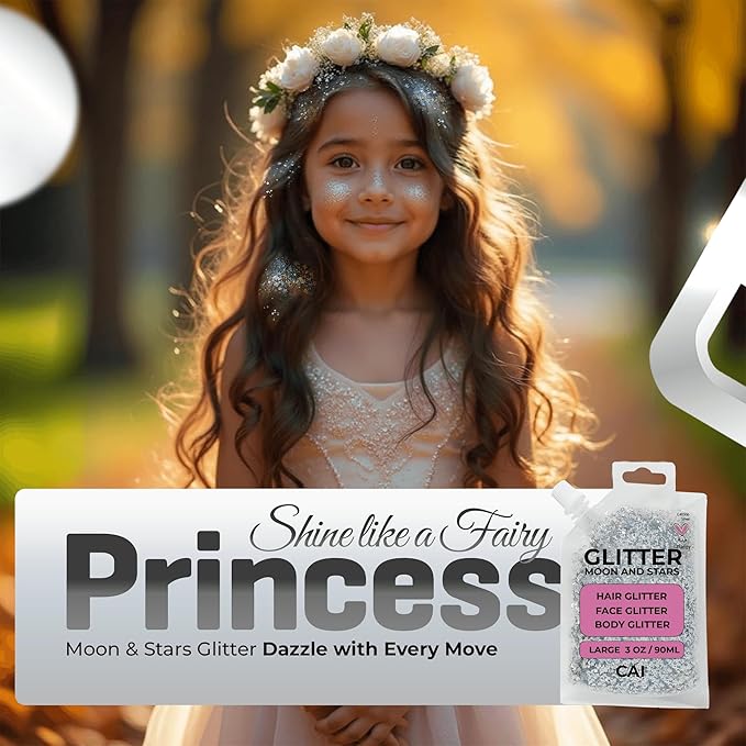 Hair Glitter Gel – Body Glitter for Kids and Women – Iridescent Cosmetic-Grade Gel w/Moon & Stars for Hair, Body & Face, Applies Smoothly w/o Glue & Washes Off Easily, 3 Oz - Purple/Silver 2Pack