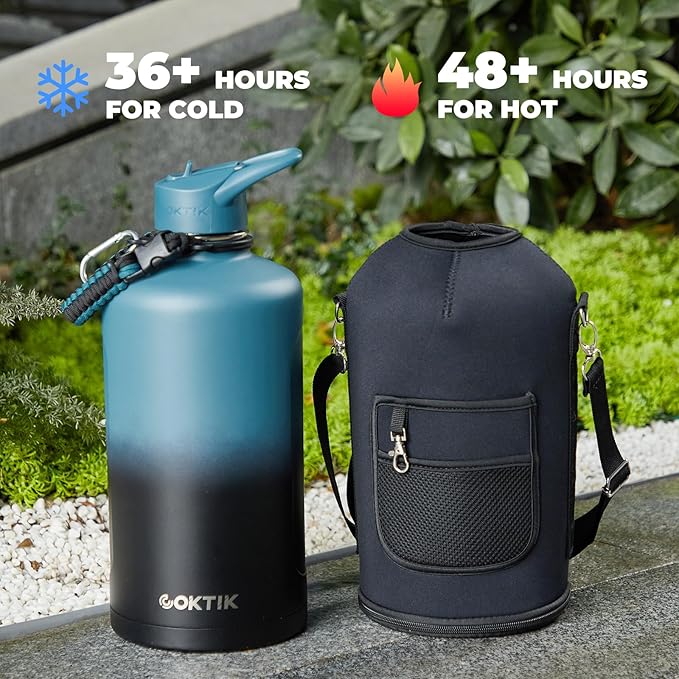 COKTIK 128 oz Insulated Water Bottle, Triple Wall Stainless Steel Flask, Keeps Drinks Cold for 48 Hrs Leak-Proof & BPA-Free Half Gallon Jug with Paracord Handle, Straw & Spout Lids(Indigo Black)